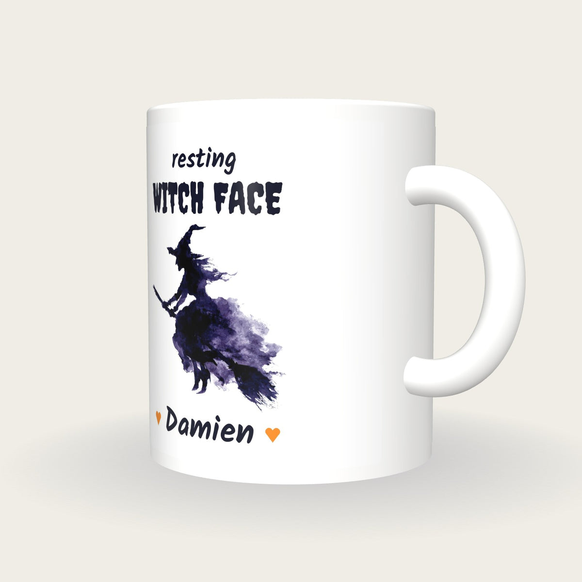 Personalised Purple Witch Mug, Resting Witch Face, three-quarter view