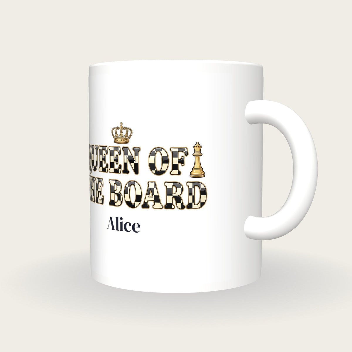 Personalised Queen Of The Board Chess Mug, three-quarter view