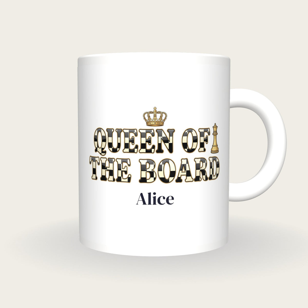 Personalised Queen Of The Board Chess Mug, front