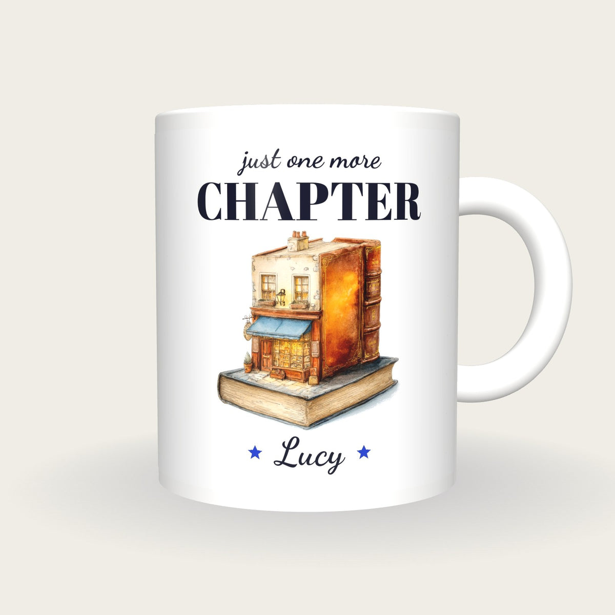 Personalised Quirky Book Shop Mug, Just One More Chapter, front