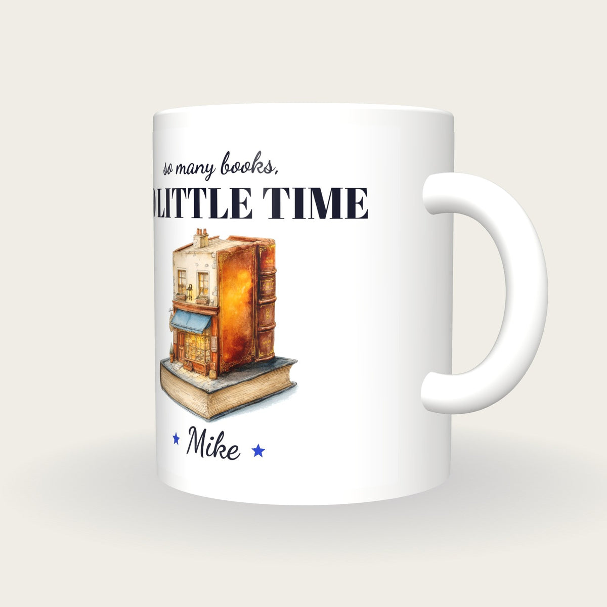Personalised Quirky Book Shop Mug, So Many Books So Little Time, three-quarter view