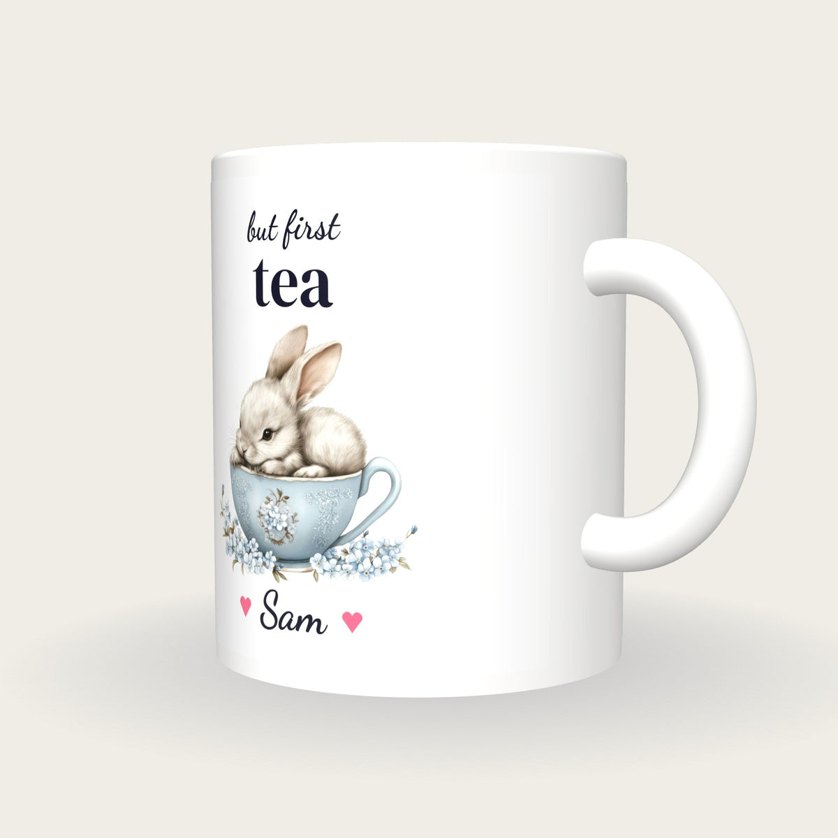 Personalised Rabbit Teacup Mug, But First Tea, three-quarter view