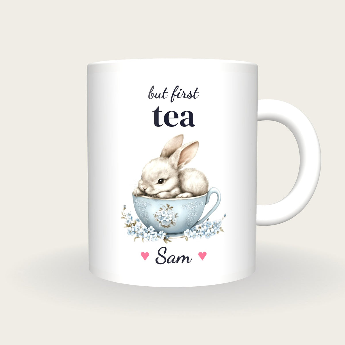 Personalised Rabbit Teacup Mug, But First Tea, front