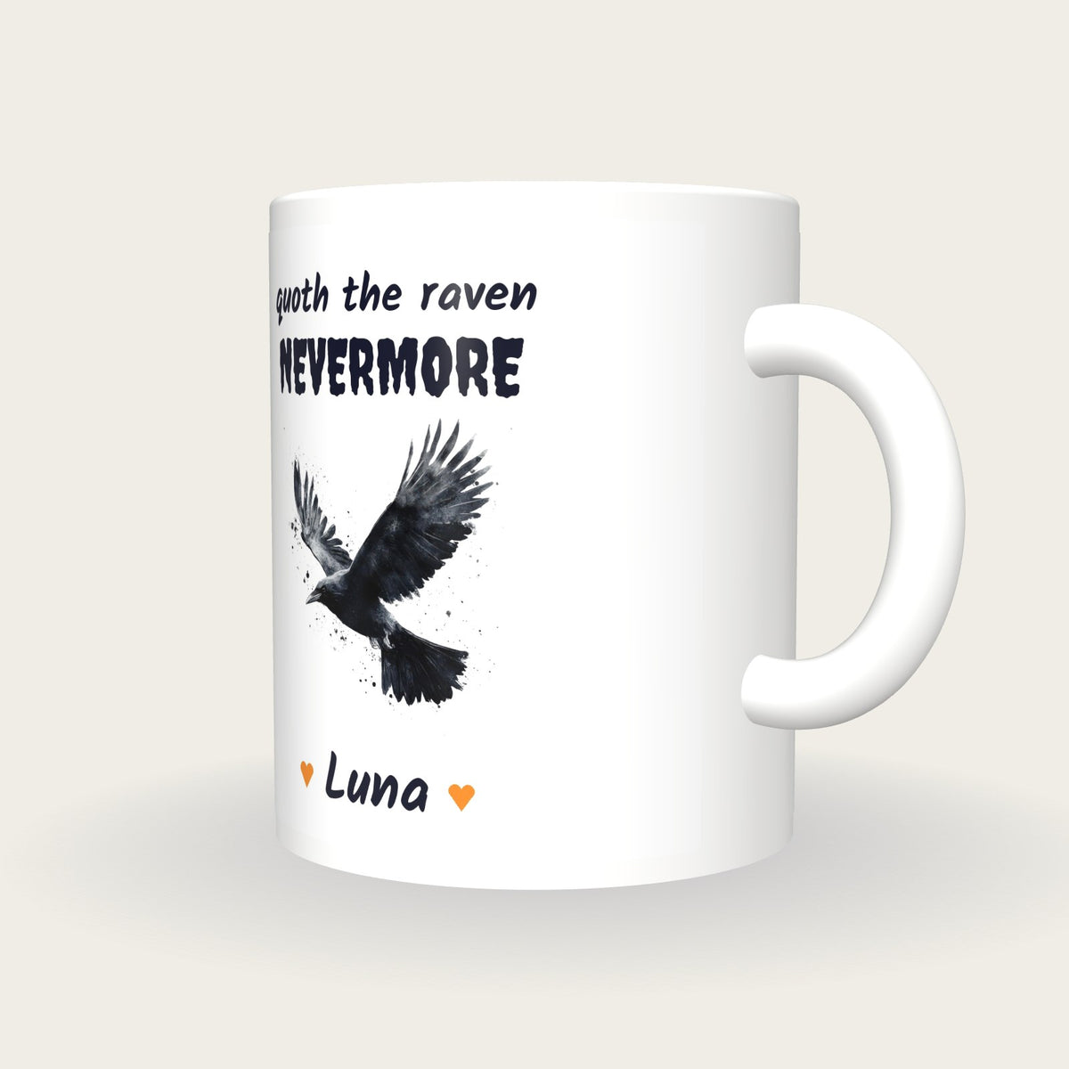 Personalised Raven In Flight Mug, Quoth The Raven Nevermore, three-quarter view