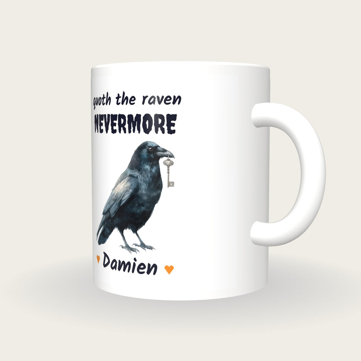 Personalised Raven Mug, Quoth The Raven Nevermore, three-quarter view