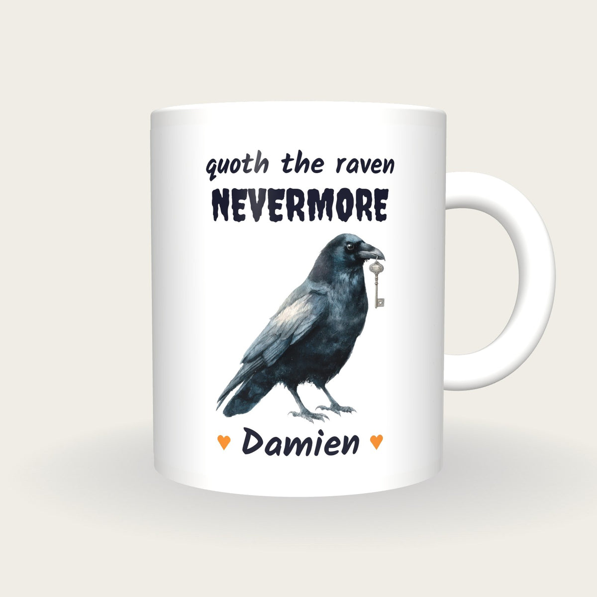 Personalised Raven Mug, Quoth The Raven Nevermore, front