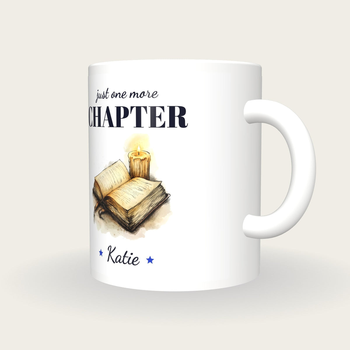 Personalised Reading By Candlelight Mug, Just One More Chapter, three-quarter view