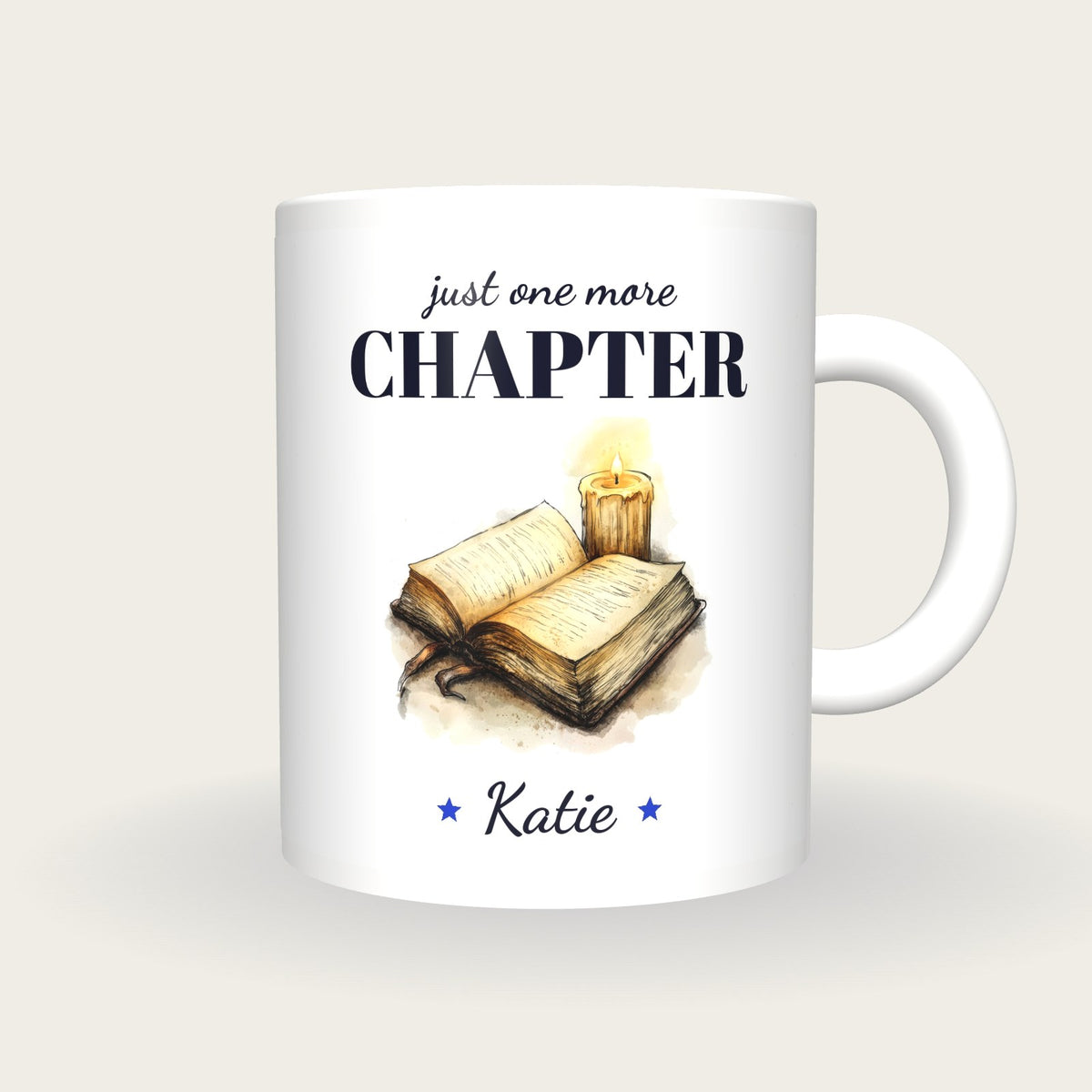 Personalised Reading By Candlelight Mug, Just One More Chapter, front