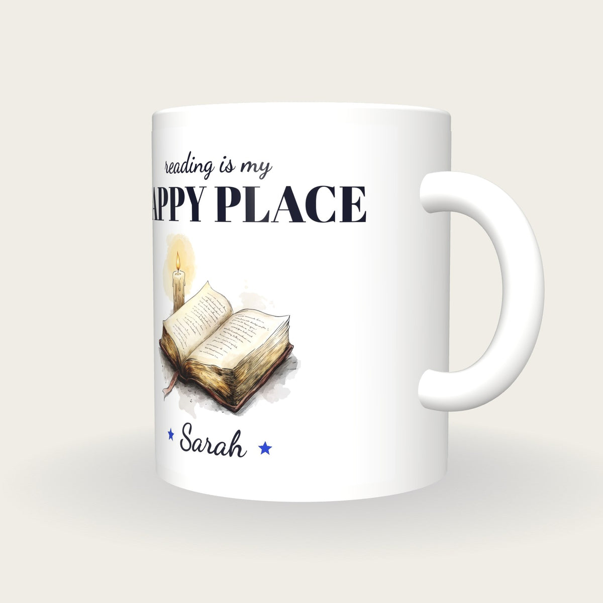 Personalised Reading By Candlelight Mug, Reading Is My Happy Place, three-quarter view