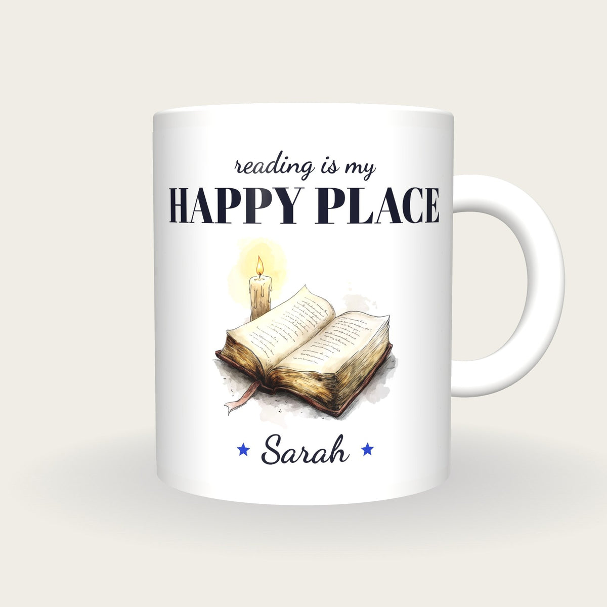 Personalised Reading By Candlelight Mug, Reading Is My Happy Place, front
