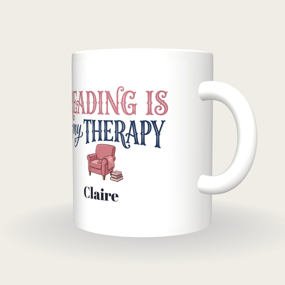 Personalised Reading Is My Therapy Mug, three-quarter view