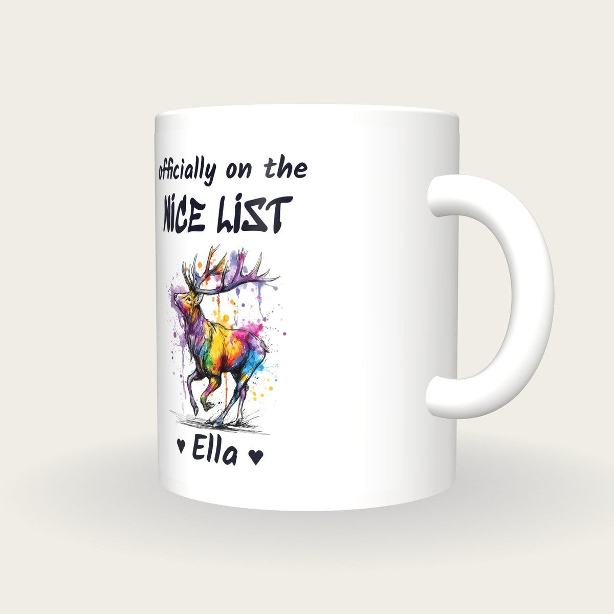 Personalised Reindeer Mug, On The Nice List, three-quarter view