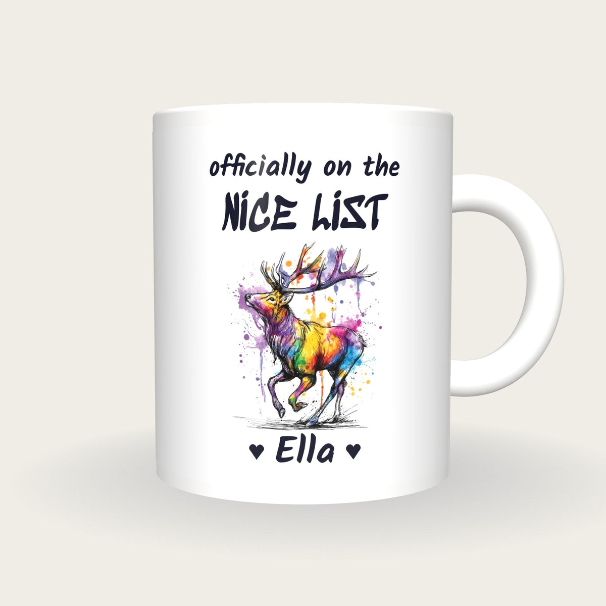 Personalised Reindeer Mug, On The Nice List, front