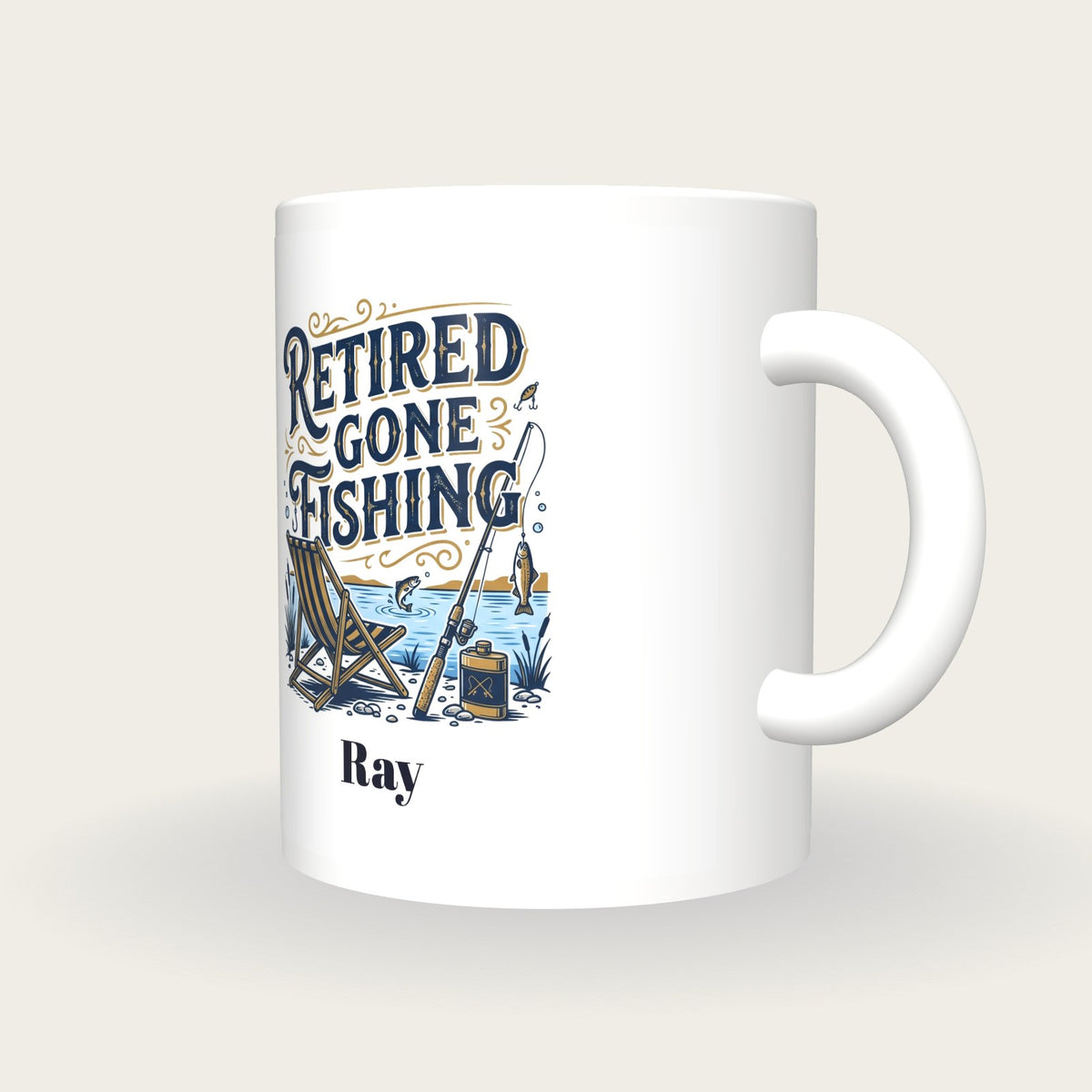 Personalised Retired Gone Fishing Mug, three-quarter view
