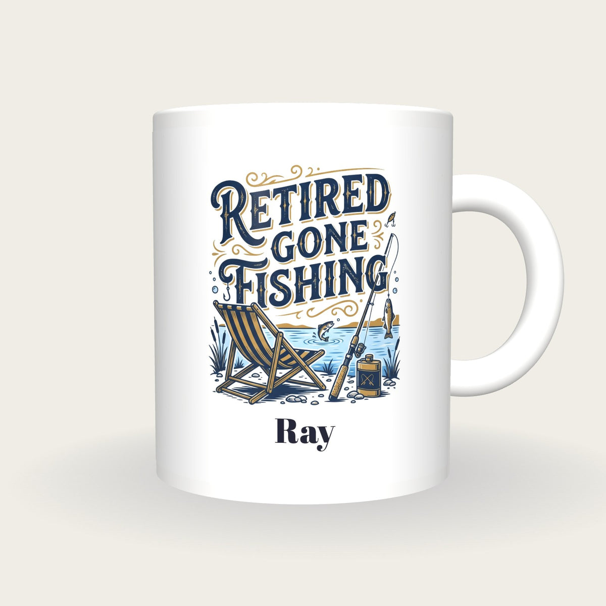 Personalised Retired Gone Fishing Mug, front