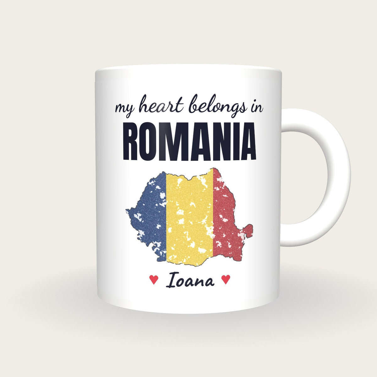 Personalised Romania Map Mug, My Heart Belongs In Romania, front
