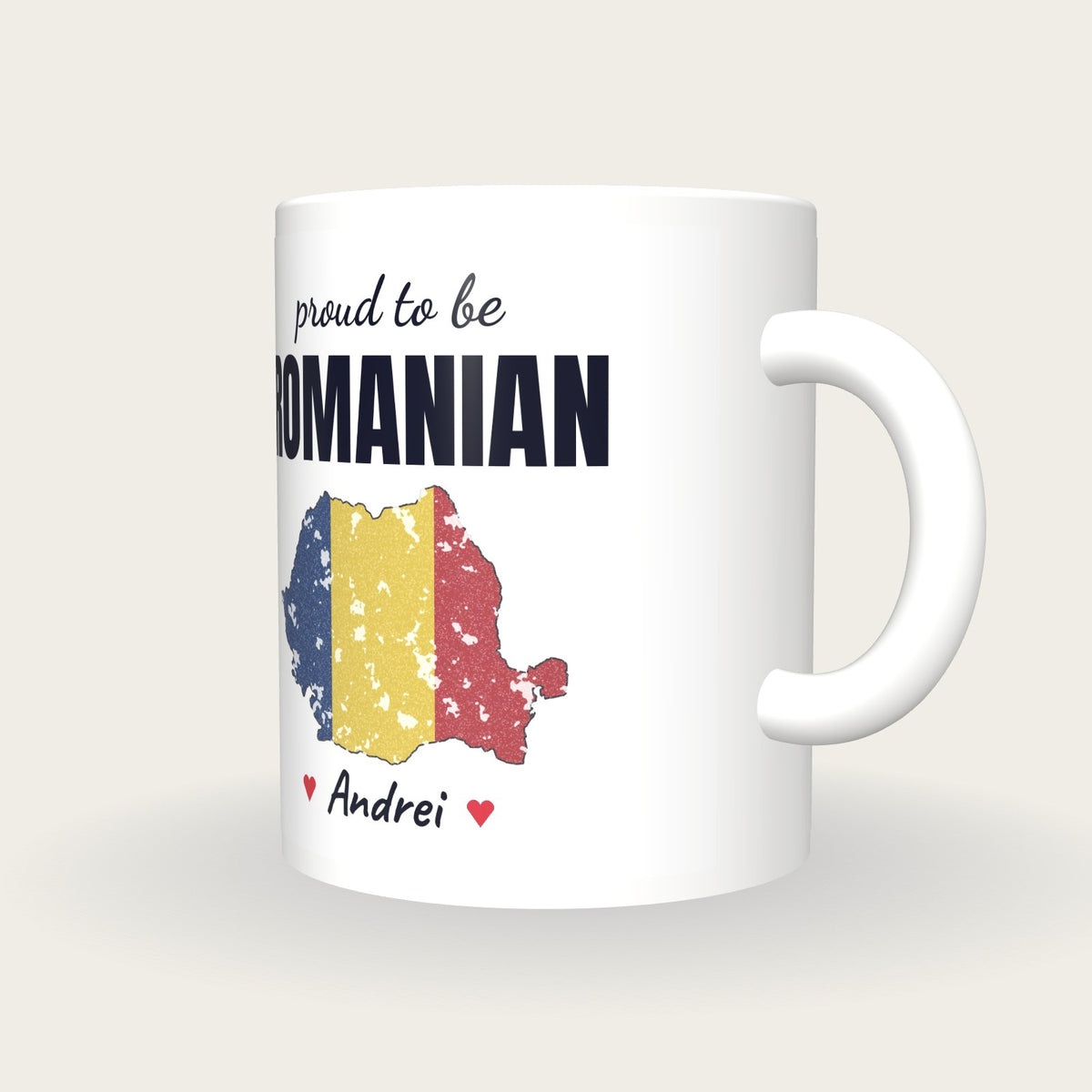 Personalised Romania Map Mug, Proud To Be Romanian, three-quarter view