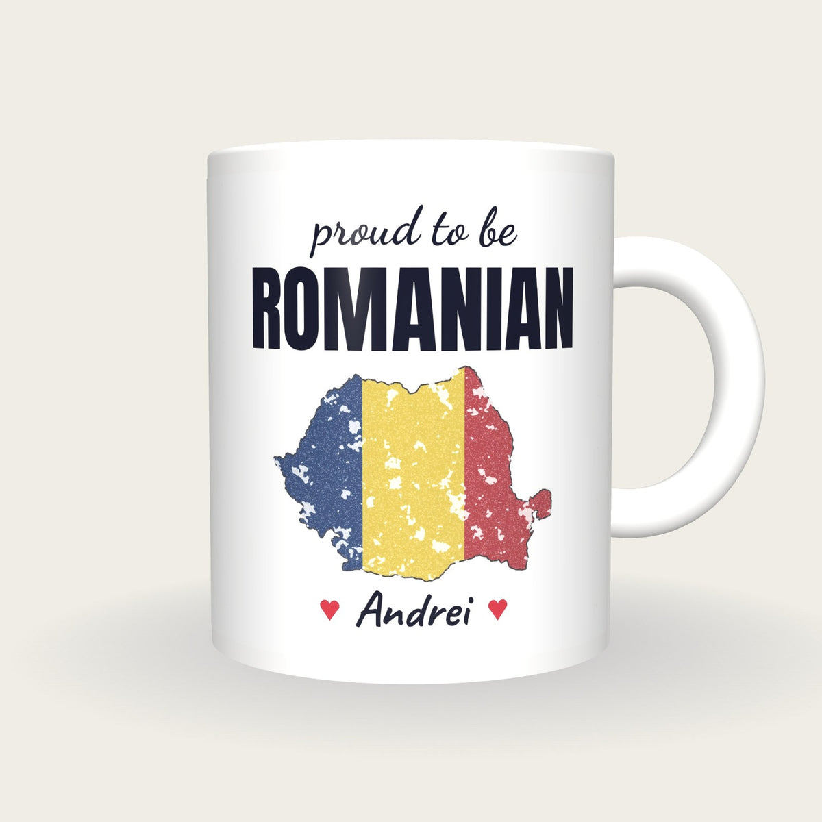 Personalised Romania Map Mug, Proud To Be Romanian, front