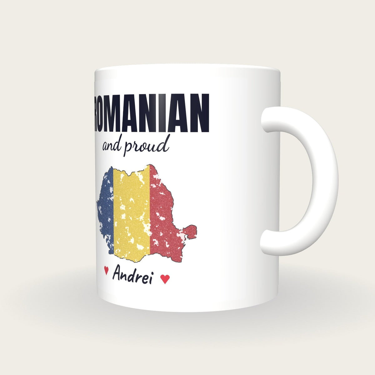 Personalised Romania Map Mug, Romanian And Proud, three-quarter view