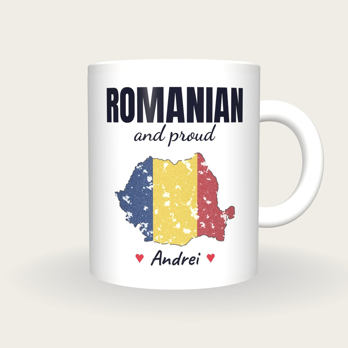 Personalised Romania Map Mug, Romanian And Proud, front