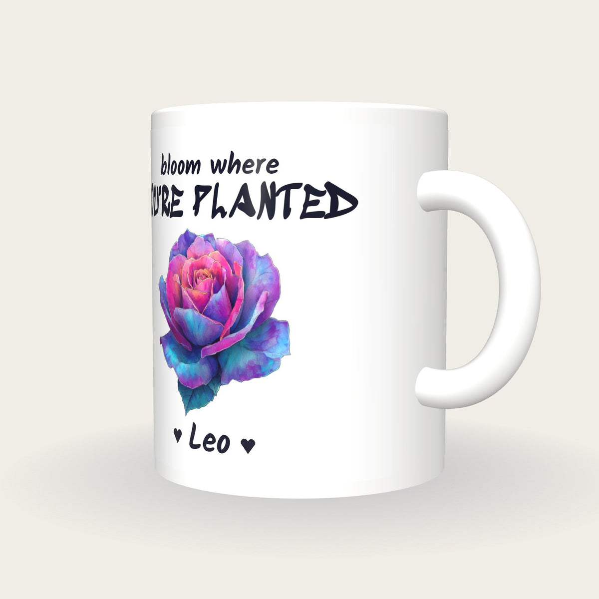 Personalised Rose Mug, Bloom Where You're Planted, three-quarter view