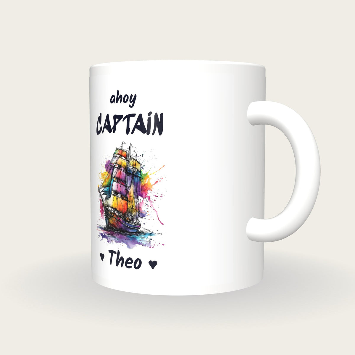 Personalised Sailing Ship Mug, Ahoy Captain, three-quarter view