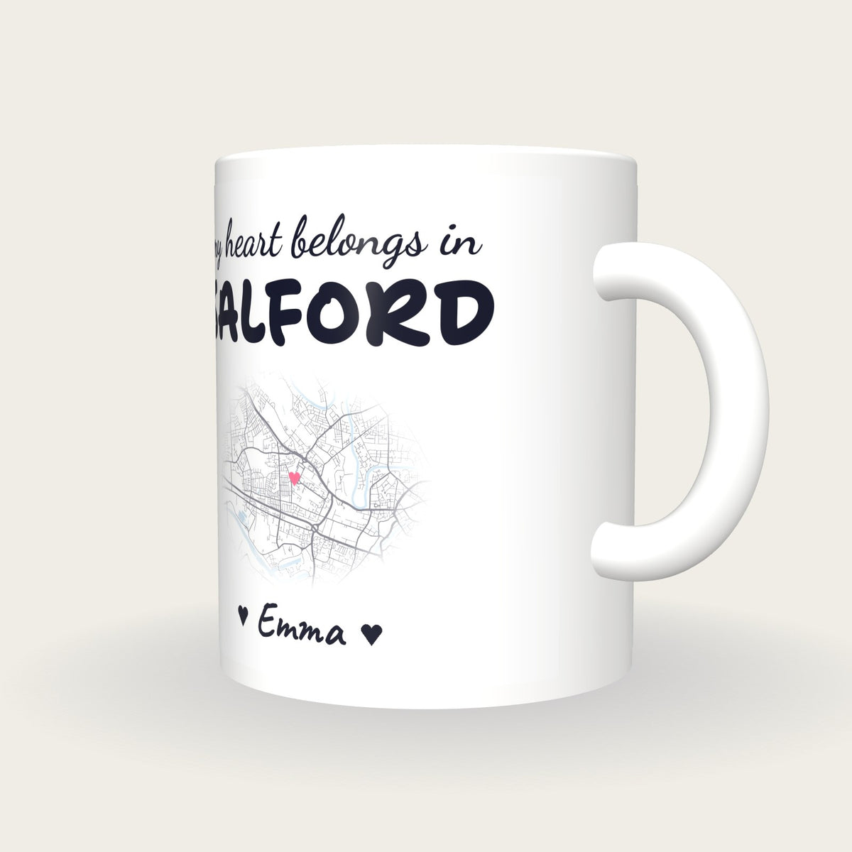 Personalised Salford Map Mug, My Heart Belongs In Salford, three-quarter view