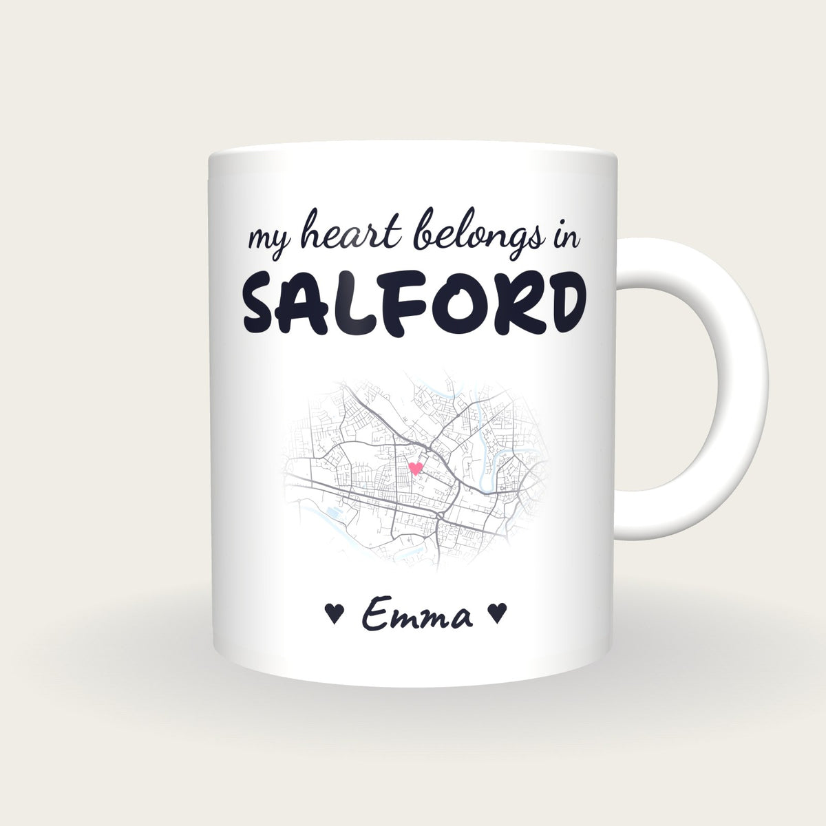 Personalised Salford Map Mug, My Heart Belongs In Salford, front
