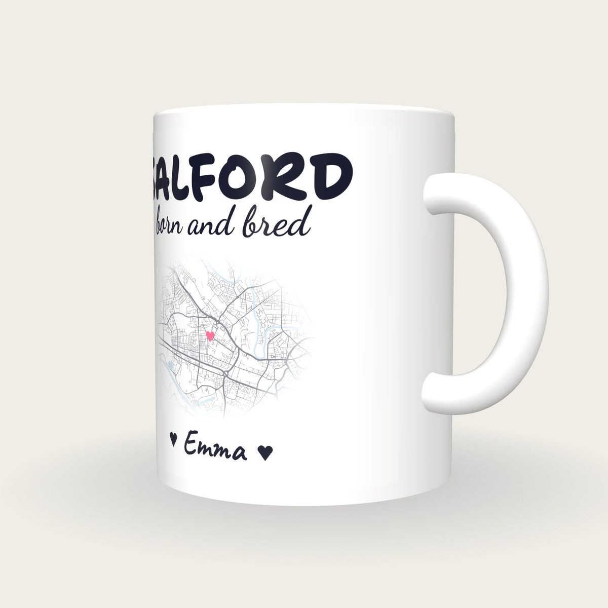 Personalised Salford Map Mug, Salford Born And Bred, three-quarter view