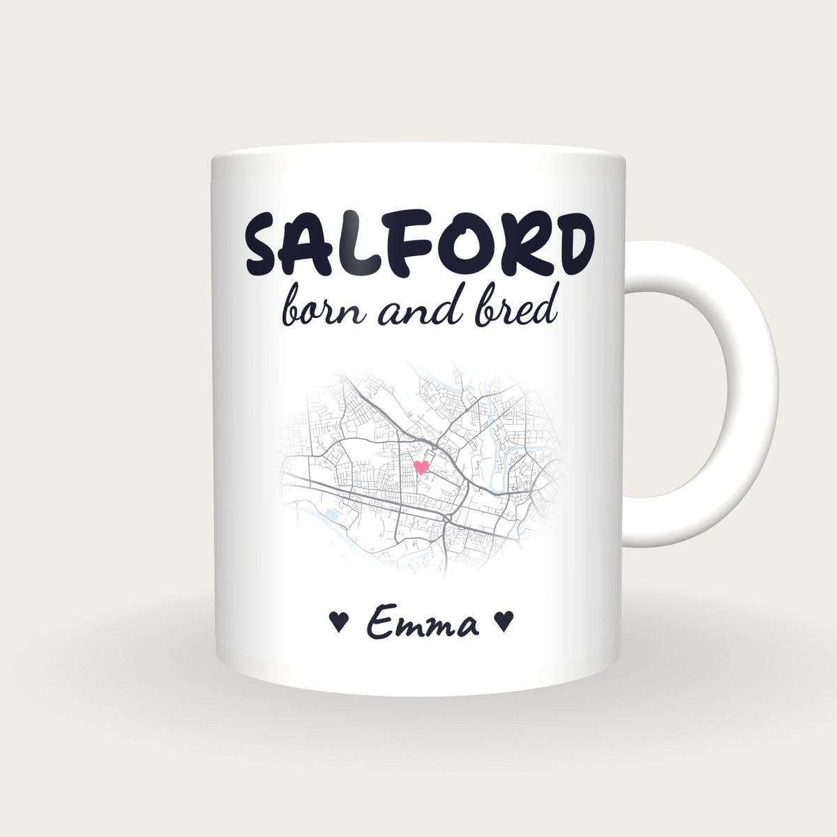 Personalised Salford Map Mug, Salford Born And Bred, front