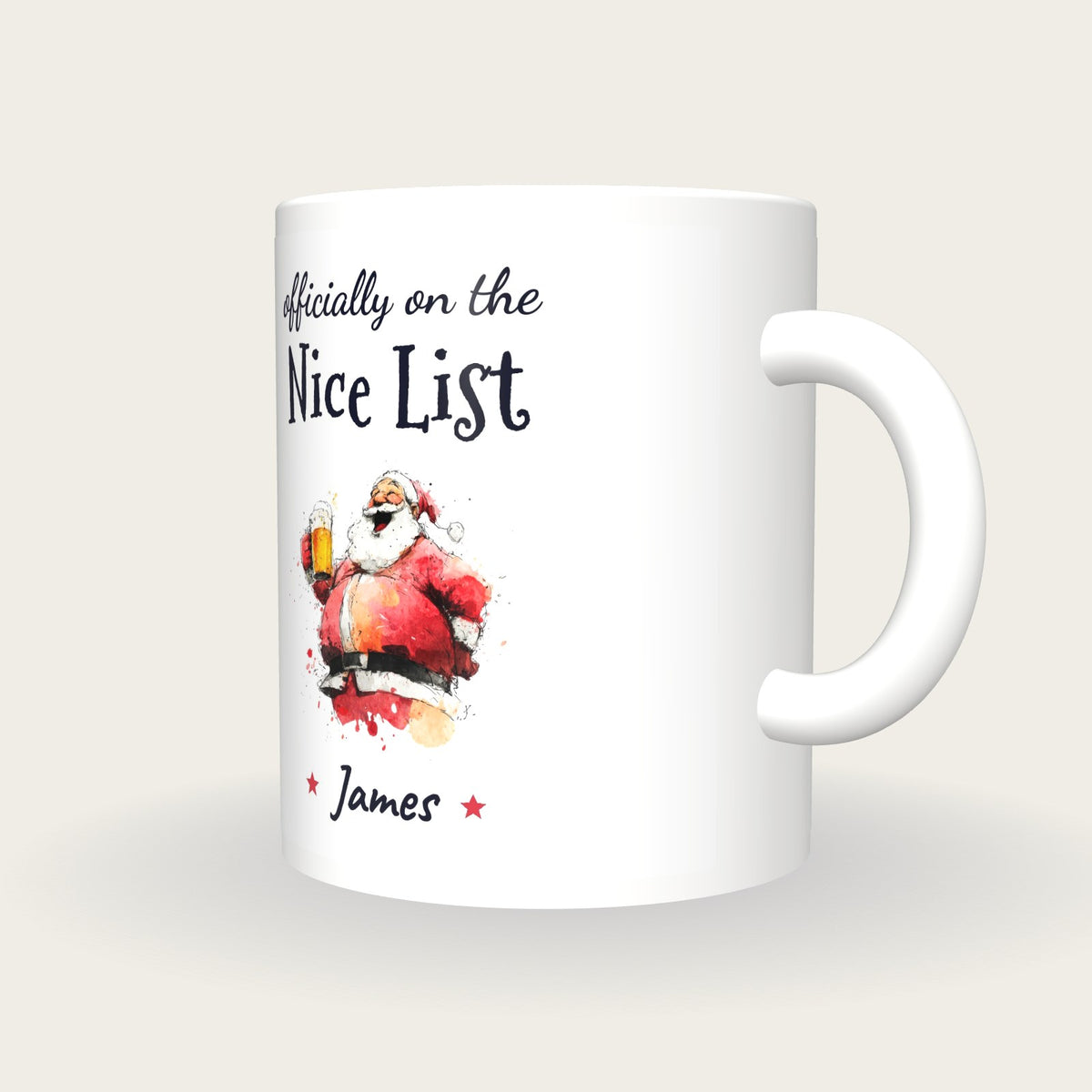 Personalised Santa With A Pint Mug, On The Nice List, three-quarter view