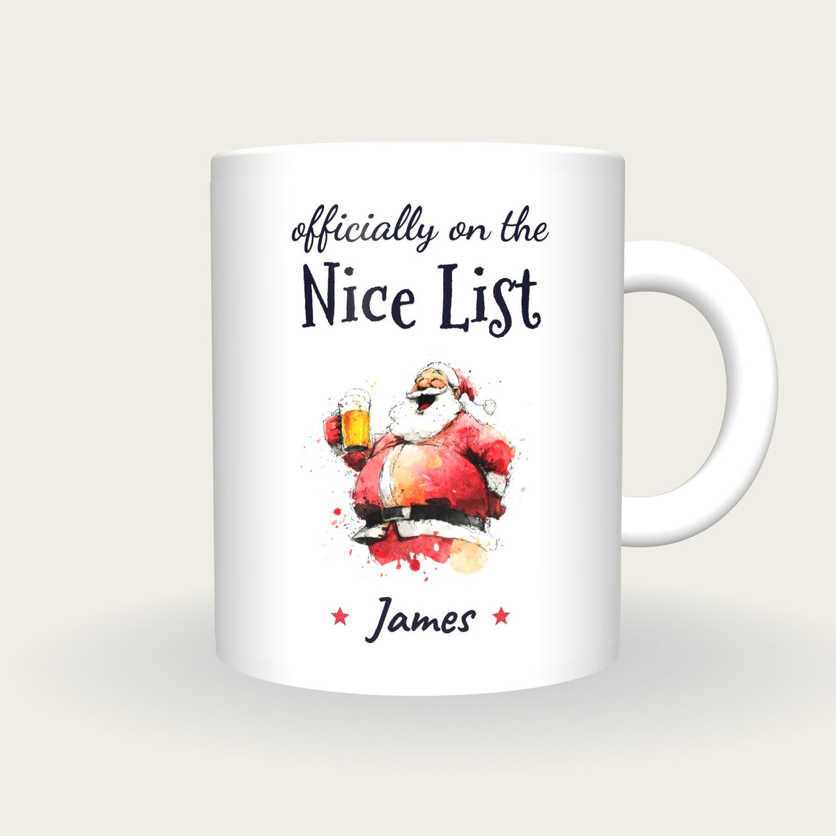 Personalised Santa With A Pint Mug, On The Nice List, front