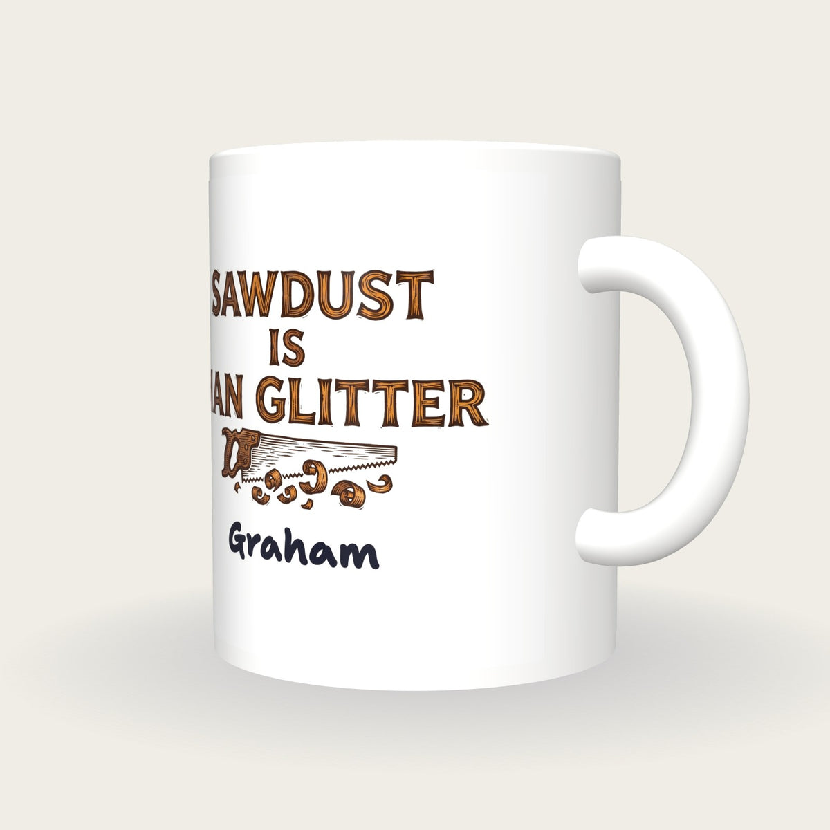 Personalised Sawdust Is Man Glitter Woodwork Mug, three-quarter view