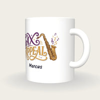 Personalised Sax Appeal Saxophone Mug, three-quarter view