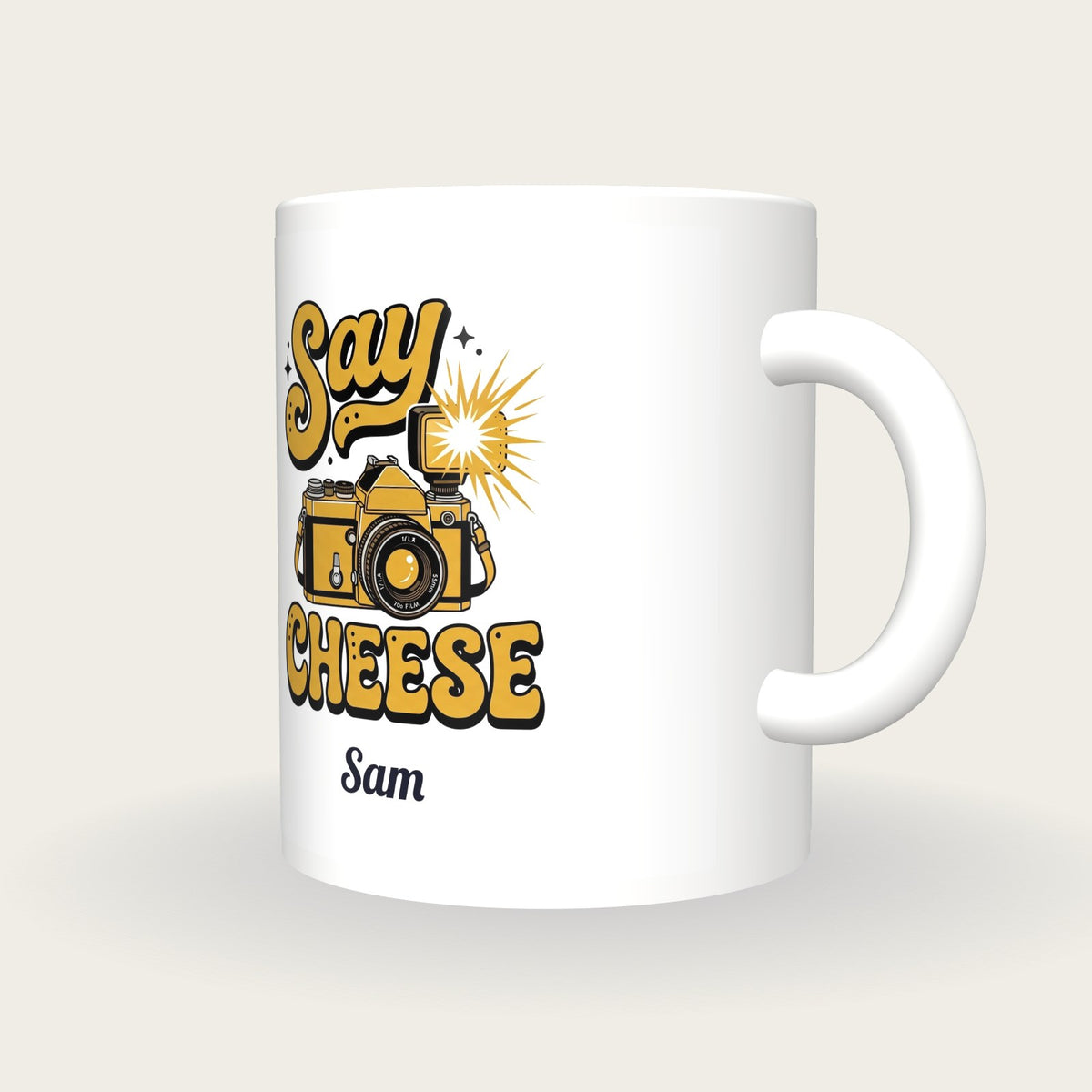 Personalised Say Cheese Camera Mug, three-quarter view