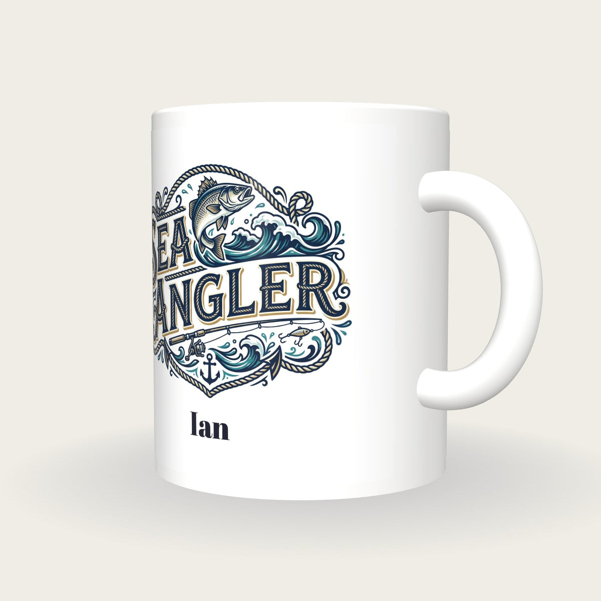 Personalised Sea Angler Fishing Mug, three-quarter view