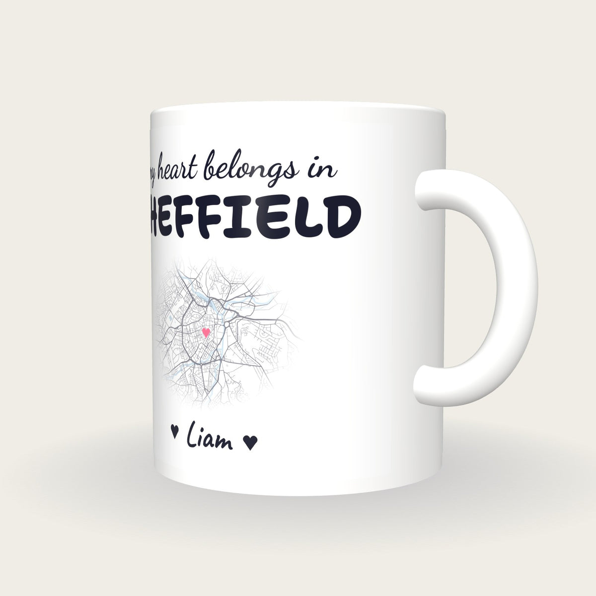 Personalised Sheffield Map Mug, My Heart Belongs In Sheffield, three-quarter view