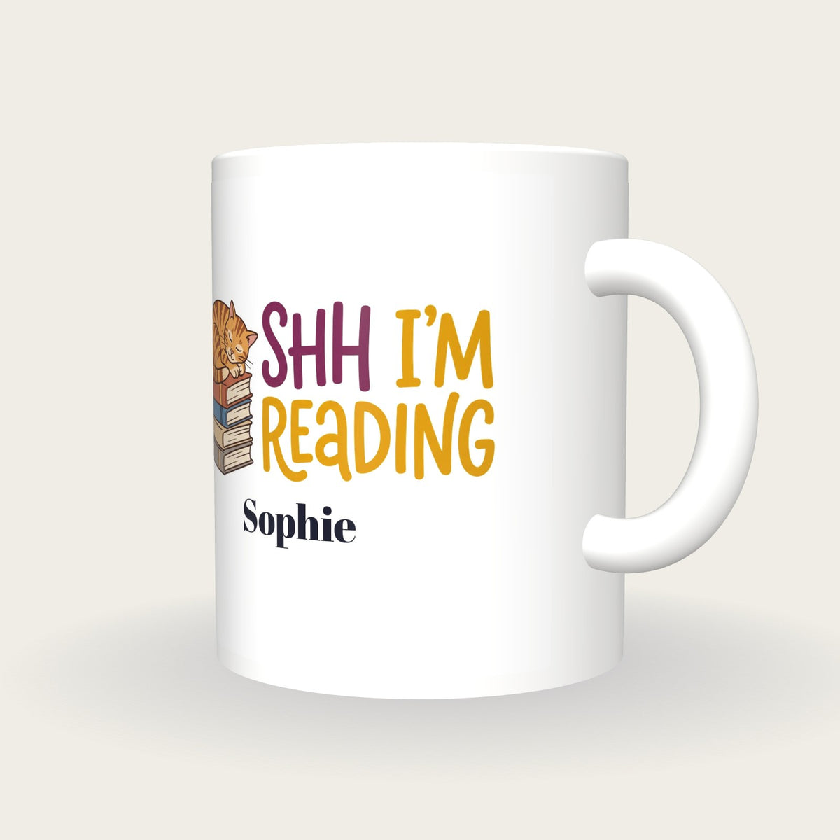Personalised Shh I'm Reading Book Mug, three-quarter view