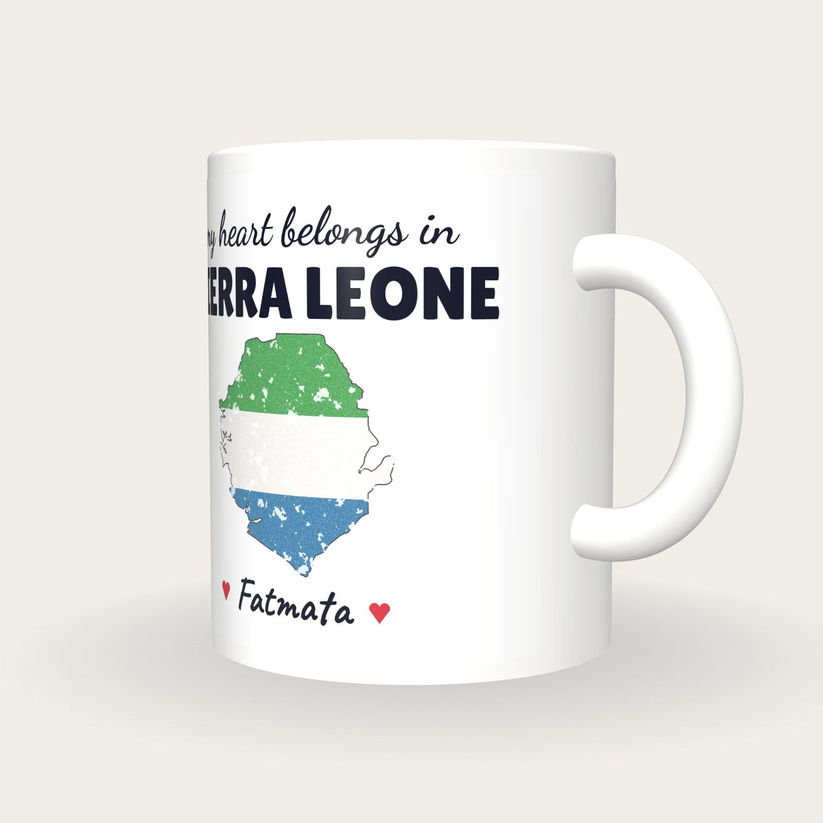 Personalised Sierra Leone Map Mug, My Heart Belongs In Sierra Leone, three-quarter view