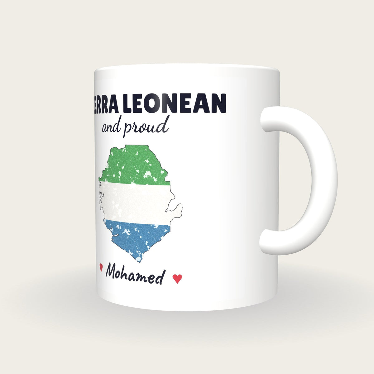 Personalised Sierra Leone Map Mug, Sierra Leonean And Proud, three-quarter view