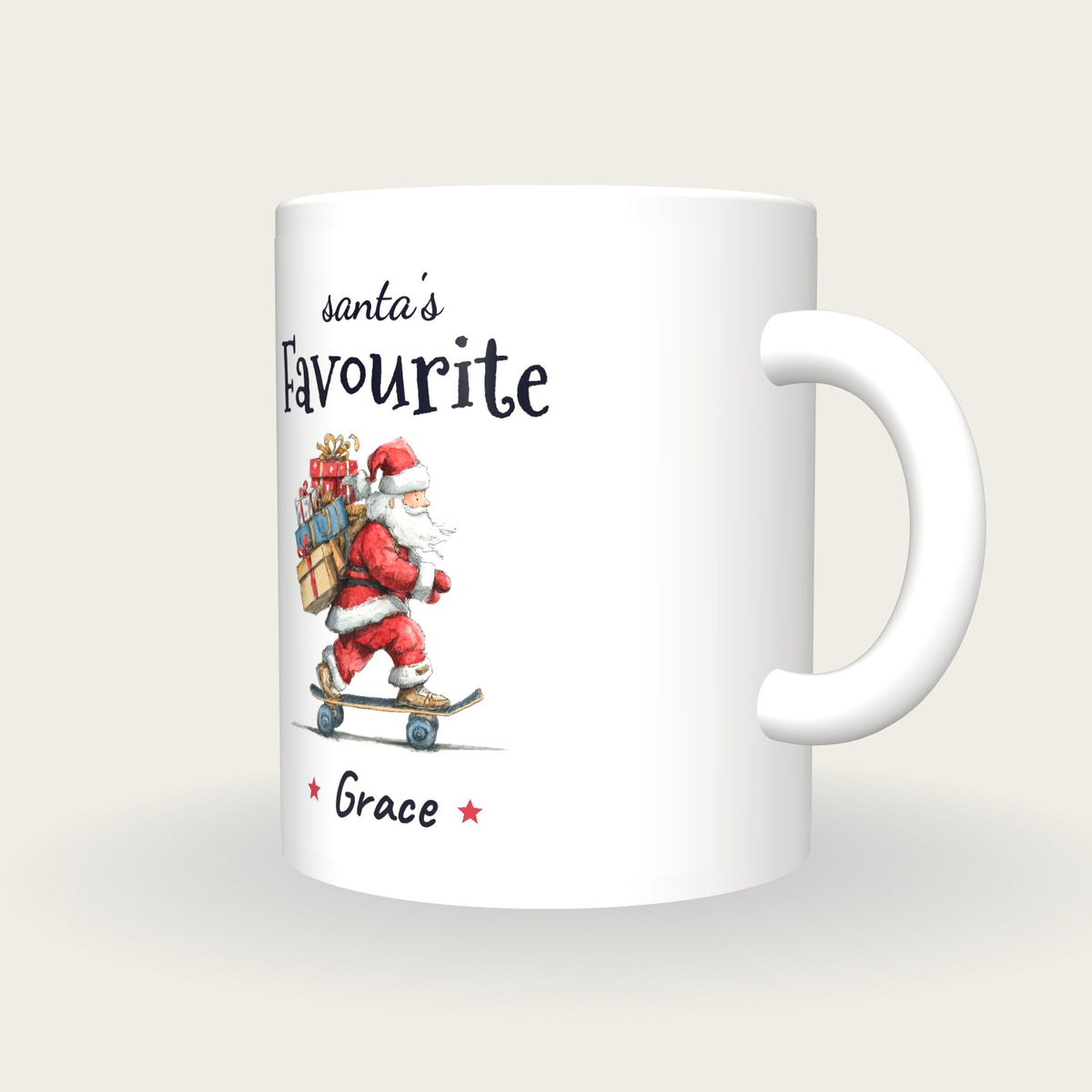 Personalised Skateboarding Santa Mug, Santa's Favourite, three-quarter view
