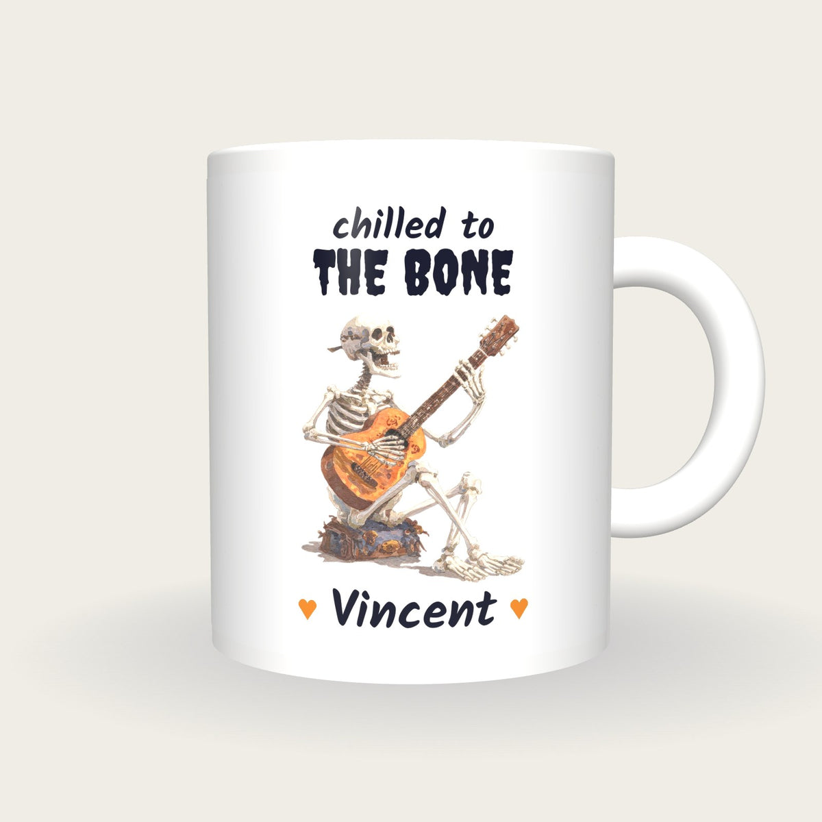 Personalised Skeleton Guitarist Mug, Chilled To The Bone, front