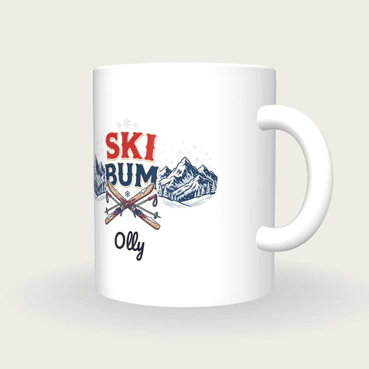 Personalised Ski Bum Mug, three-quarter view