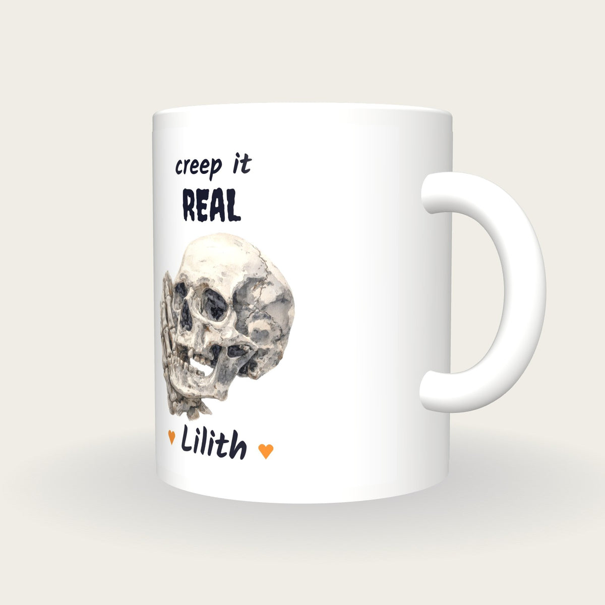 Personalised Skull Hand Mug, Creep It Real, three-quarter view