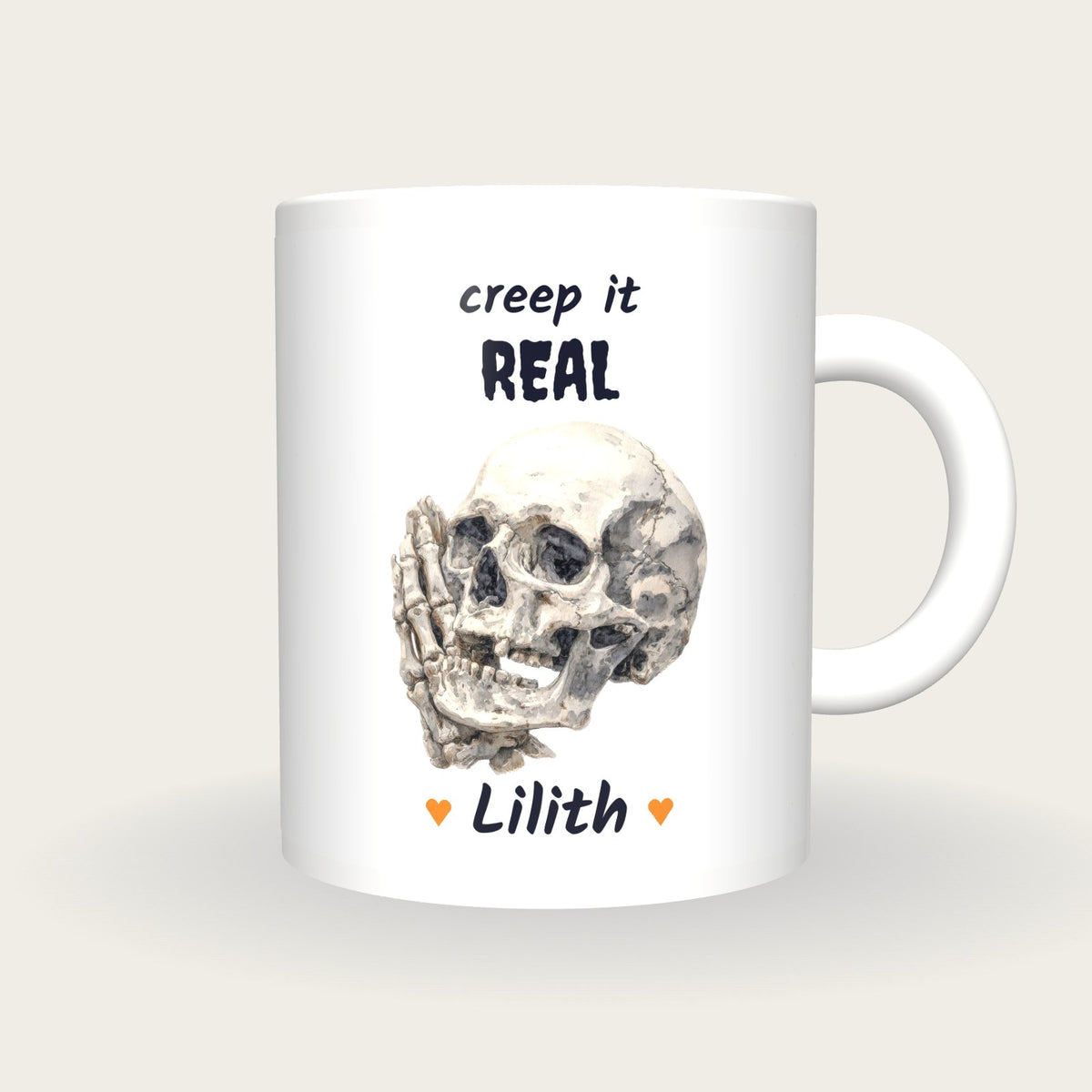 Personalised Skull Hand Mug, Creep It Real, front
