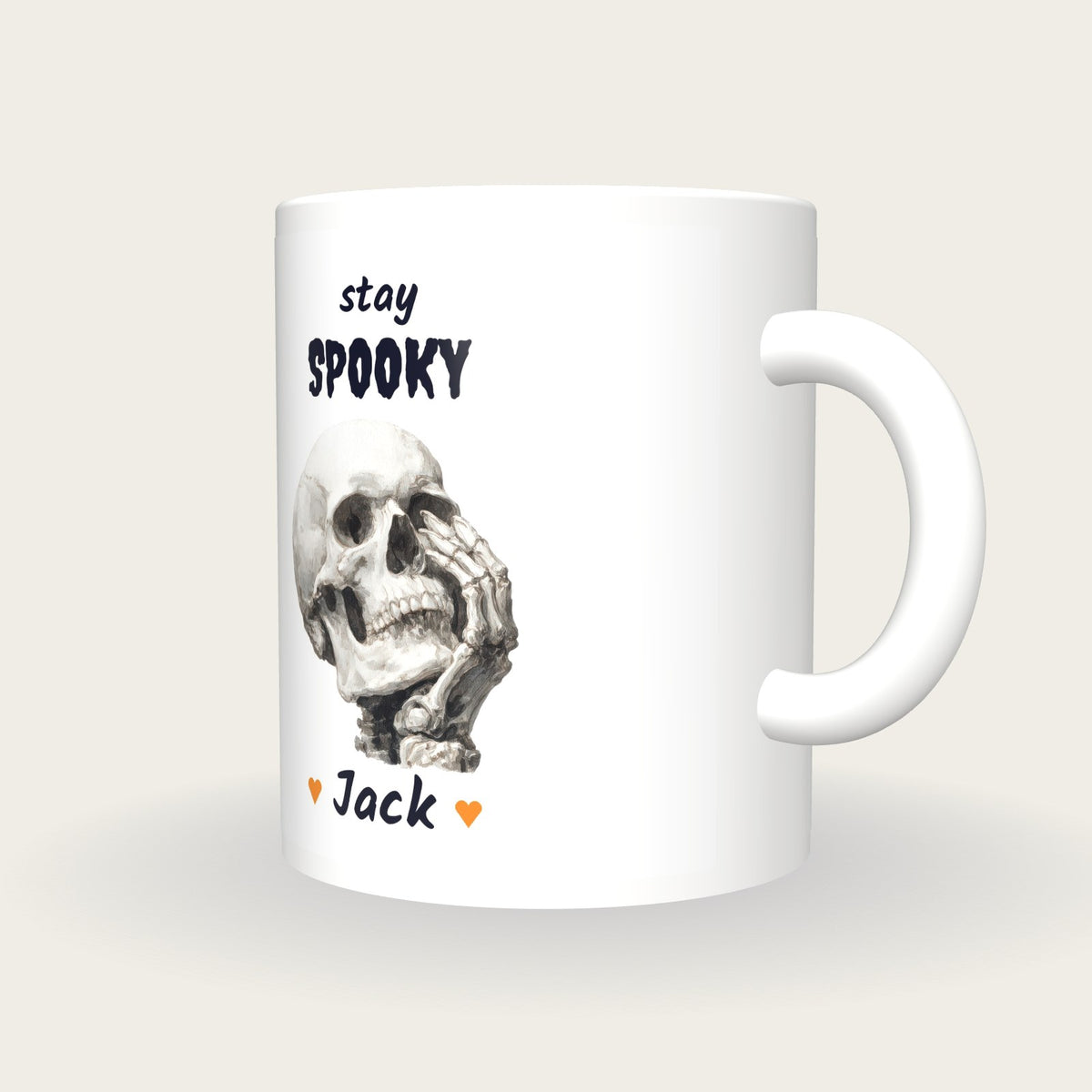 Personalised Skull Hand Mug, Stay Spooky, three-quarter view