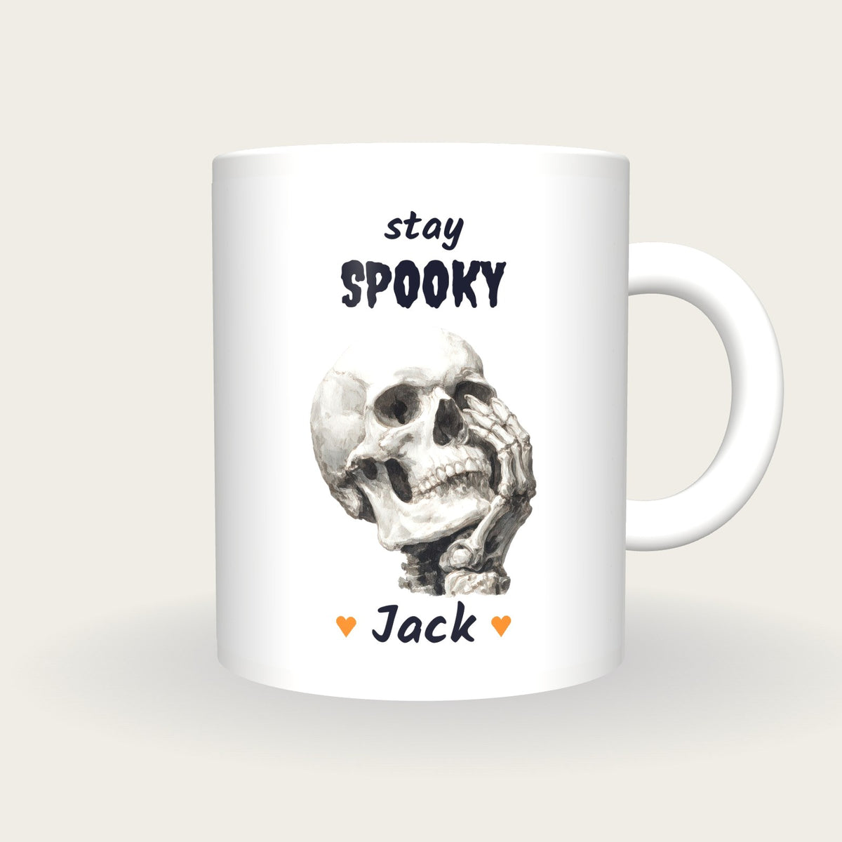 Personalised Skull Hand Mug, Stay Spooky, front