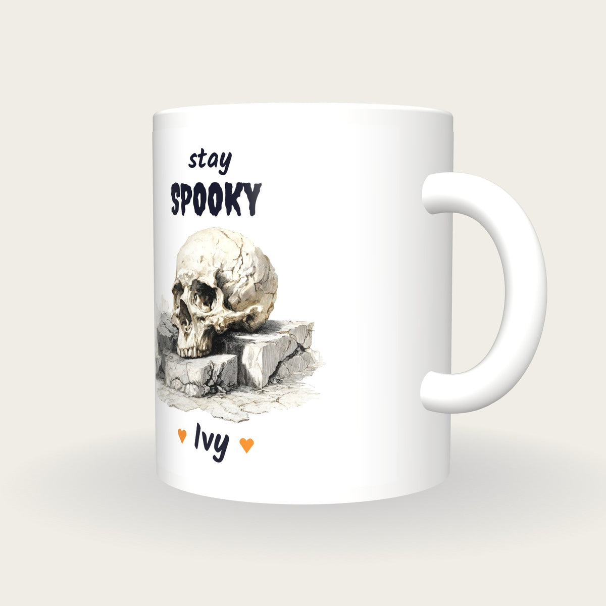 Personalised Skull Tombstone Mug, Stay Spooky, three-quarter view