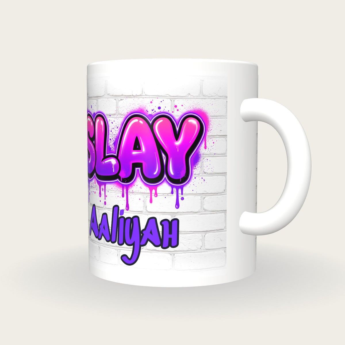 Personalised Slay Graffiti Mug, three-quarter view