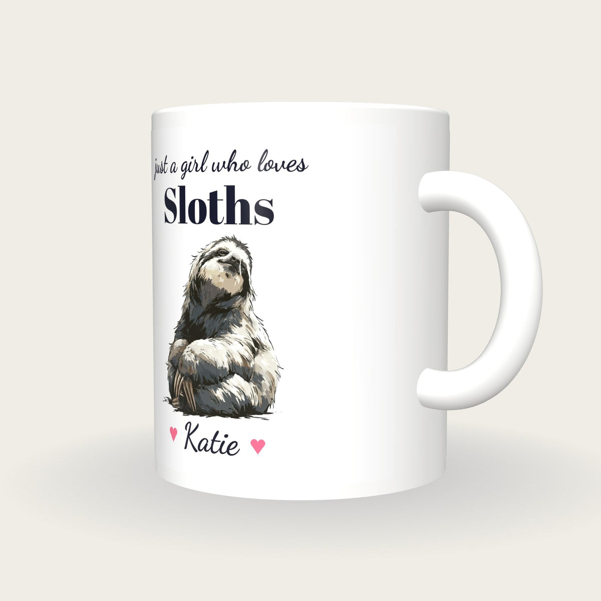 Personalised Sloth Mug, Just A Girl Who Loves Sloths, three-quarter view
